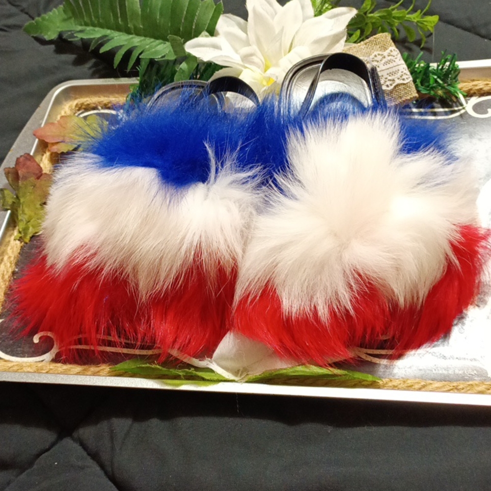 Red,white,blue fur jelly slides new in package size 13 child